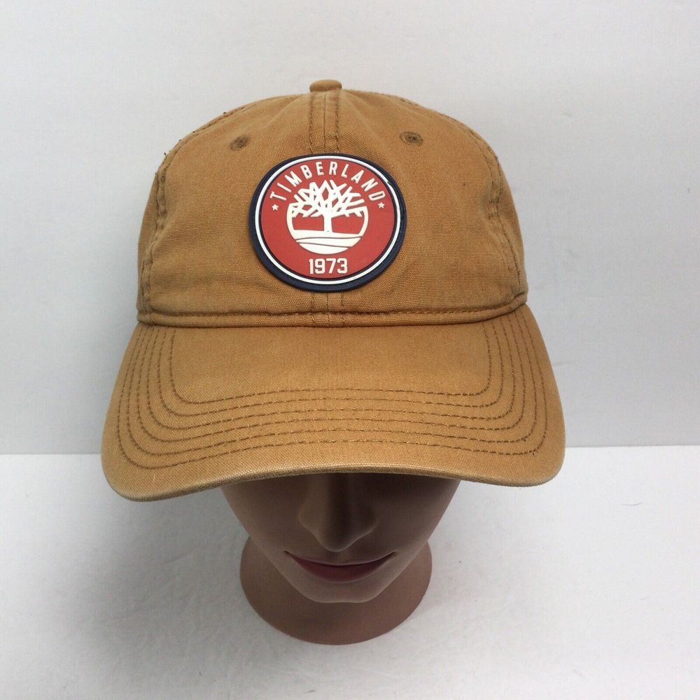 Timberland 1973 hat Distressed Canvas‎ khaki tan SnapBack Cap rubber logo